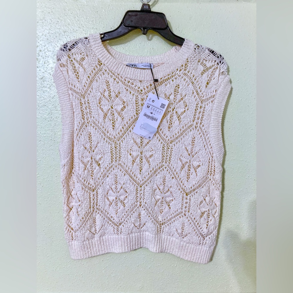 ZARA NWT Cotton Pointelle Knit Vest - Cream / Ecru - Size Medium 21” p2p